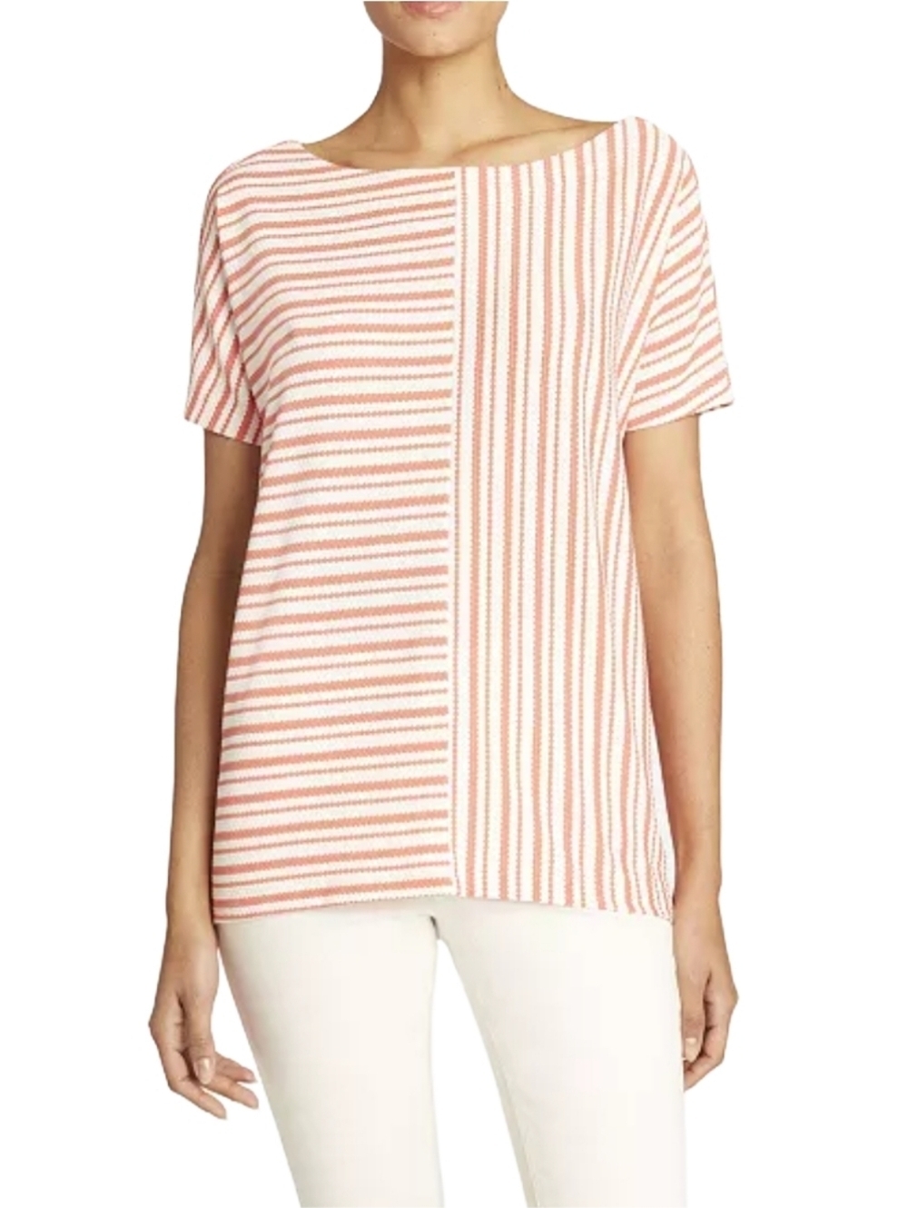 Jones New York Striped Short Dolman Sleeve Tee In Coral and White M
